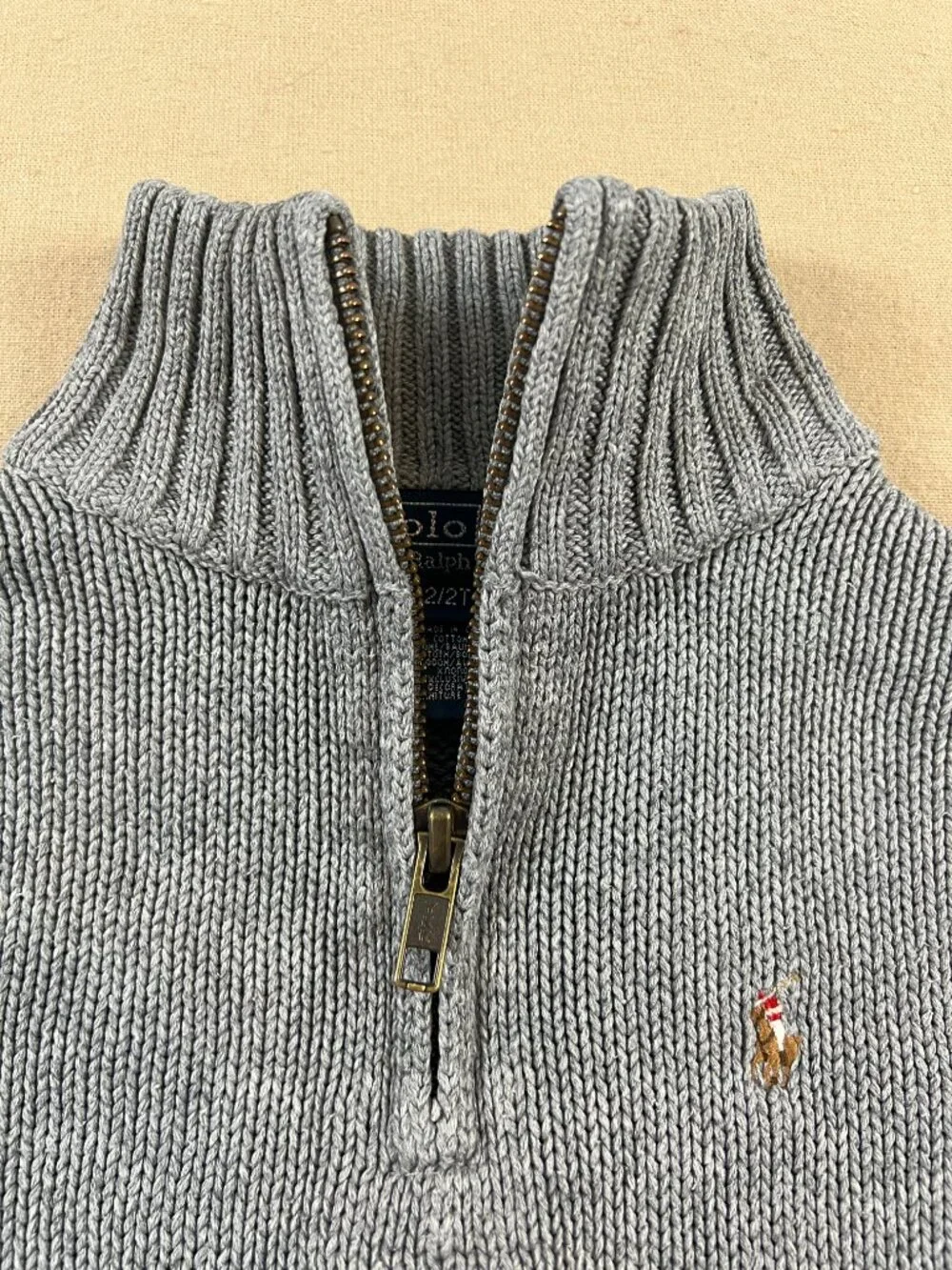 Polo Ralph Lauren Boy's 2T 1/4 Zip Gray Knit Sweater 100% Cotton Classic Pony